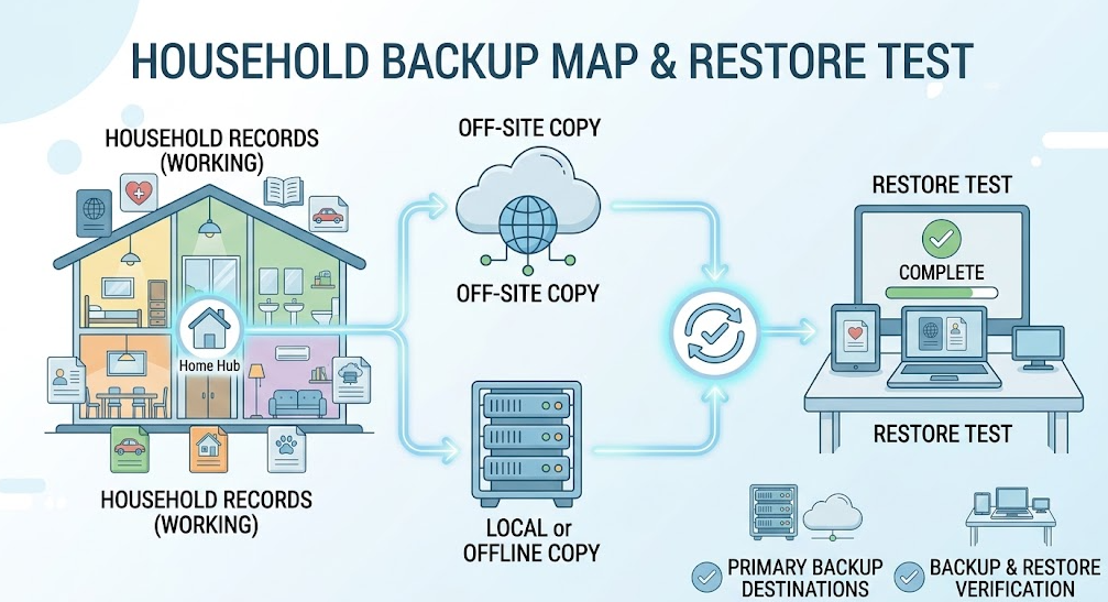Back up household records - Paper and digital household records use independent local and off-site copies followed by a restore test
