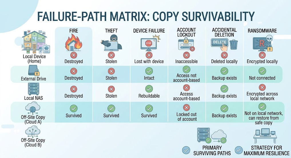 A matrix compares which household record copies survive physical, device, account, deletion, and ransomware failures.