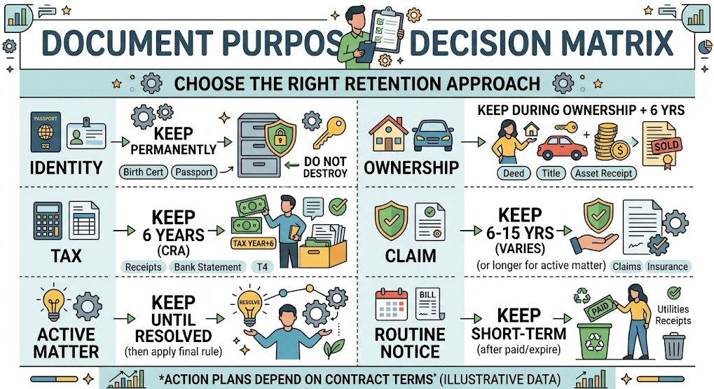 A matrix matches seven household document purposes to long-term, active, temporary, or review-based retention.