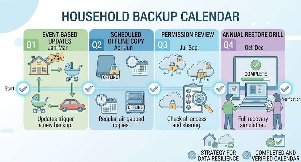 A backup calendar combines document-change updates, offline copies, permission reviews, and annual restore testing.