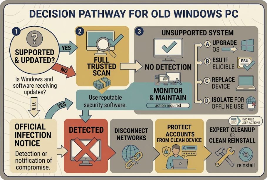 Support status and scan results determine whether an old PC can remain in use or needs isolation and recovery.