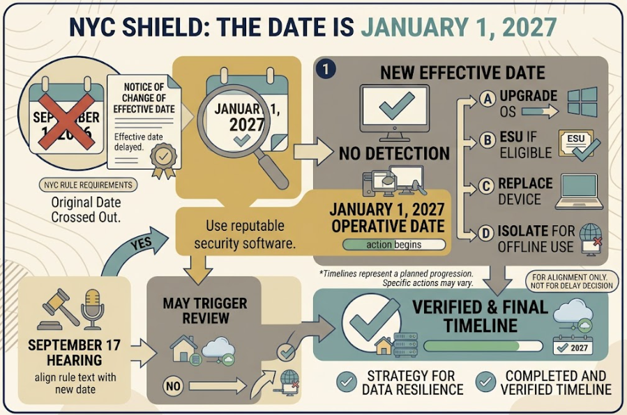 NYC SHIELD debt rule delayed to 2027 - DCWP already moved SHIELD to January 1, while a later hearing concerns aligning dates inside the rule.