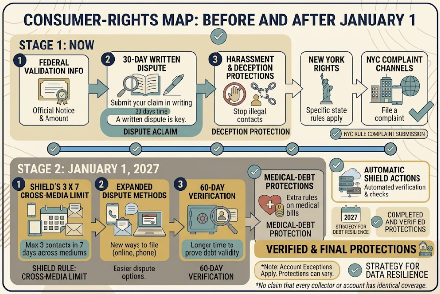Existing consumer rights apply now, while enhanced SHIELD protections begin January 1 with transition rules.