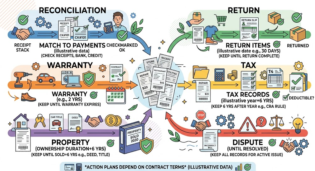 How Long to Keep Bills and Receipts - Different household receipts follow reconciliation, return, warranty, tax, property, or dispute timelines.