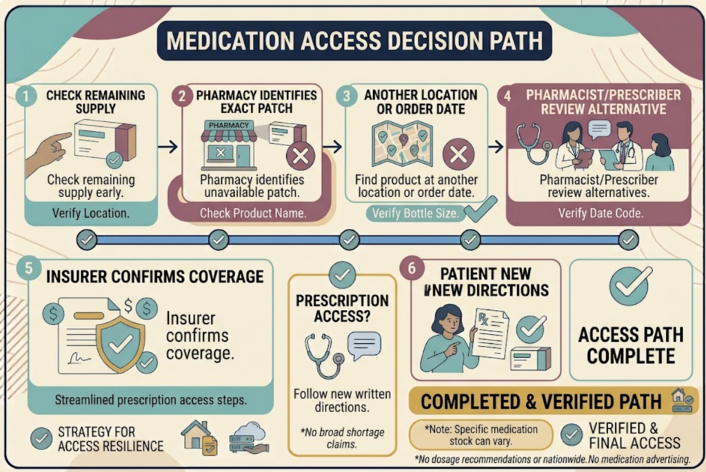 Pharmacy, prescriber, and insurer steps for handling an estradiol patch supply problem.