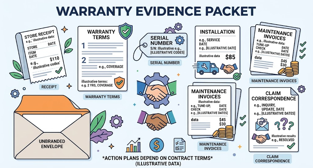A warranty file combines the receipt, coverage terms, serial number, installation, maintenance, and claim records.