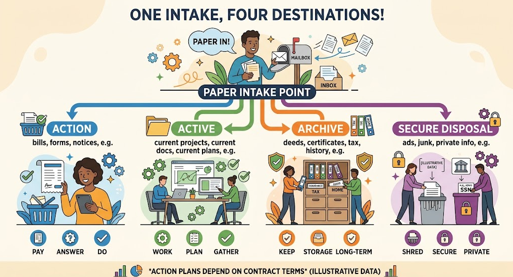 Home Filing System - Household papers move from one intake point into action, active, archive, verify, or secure-disposal states.
