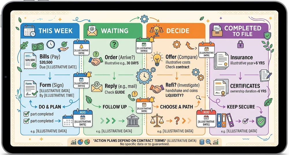 An action-paper organizer is divided by next step and linked to calendar reminders.