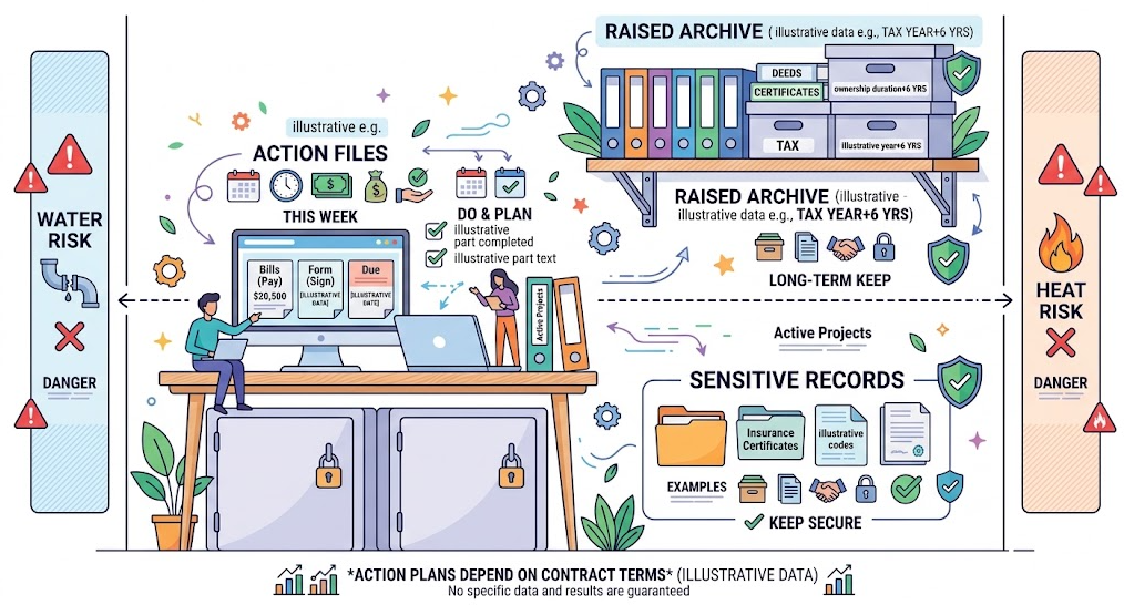 A layered home filing zone separates action papers, active files, locked sensitive records, and raised archives from household hazards.