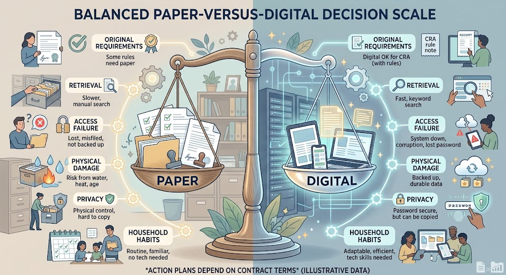 Digital vs paper records are compared across original requirements, retrieval, access, damage, privacy, and household use.